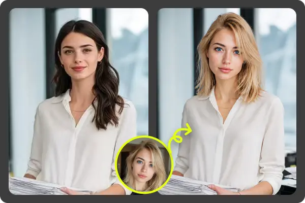 AI face swap result — before and after face replacement in portrait